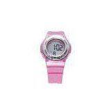 Round Pink PU Women Waterproof Sport Watch With LCD Alarm Gift Wristwatch