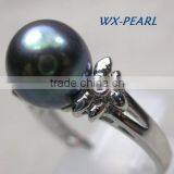 Black Tihitian Pearl Ring With Diamond and Silver Ring thumbnail-2