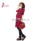 Red and Black Striped Knitted Maternity Dresses, Long Sleeve Cotton T-shirt Dress for Pregnant thumbnail-3