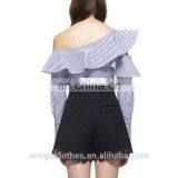 2017 Summer New Style Navy Stripe Jumpsuit Long Sleeve One Shoulder Lotus Neck Cotton Top and Mini Lace Pant Sets thumbnail-4