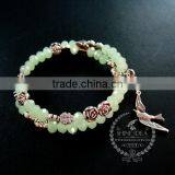 Vintage Antiqued Silver Rose Leaf Bird Ice Green Glass Beads 2 Layers Women Fashion Wiring Bangle Bracelet Jewelry 6490048 thumbnail-1