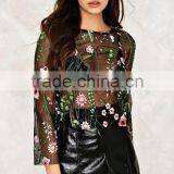 Fashion Transparent Mesh Floral Embroidery Top Tees Summer Short Sleeve T-Shirt Apparel thumbnail-3