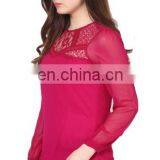 Popular Creation Latest Designer Chiffon Lace Neck Pattern Red Hot Comfortable Long Sleeve Western Beautiful Tunic Dress Top thumbnail-2