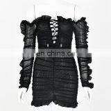 Hot Sale Fashion New Mesh Deep V Hollow-out Lace-up Yarn Flounced Long Sleeve Dress thumbnail-6