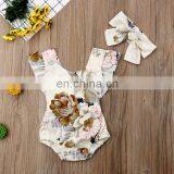2019 Summer Girls Fly Sleeved Cotton Rompers & Headband 2pc Set Girls Flower Print Bodysuits Free Ship thumbnail-3