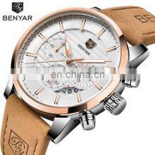 Benyar BY-5104M Personalized Man Quartz Wrist Watches Chronograph Calendar Luxury Leather Men Watch Manufacturer