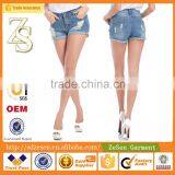 Hot Sale Women Apparel Europe Importer Customized Light Blue Ripped Folding Hem Shorts Jeans thumbnail-3