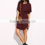 Burgundy Self Tie Curved Hem Dolman Sleeve Dress 95% Cotton 5% Spandex Curved Hem Casual Belted Dress thumbnail-4
