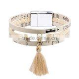 XP-LB-2169 Rivet Newest Men Women 3 Hoops Cuff Tassel Leather Bracelet With Tassel
