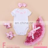 Fashion 2017 cotton wholesale lovely baby girls plain dresses +t-shirt+headband +shoes