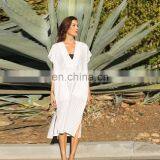 Летнее пляжное платье для женщин 2019 года. Простой стиль, вырез в форме буквы V, короткие рукава, боковые рассечки, карманы спереди. Белый тюник из хлопка. Пляжная одежда для женщин.