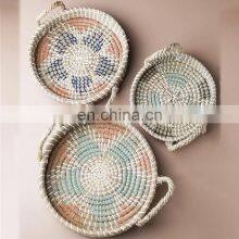 Set Of 3 Round Seagrass Serving Tray With Carrying Handle Mixed Plastic String Vietnam Supplier thumbnail-4