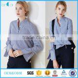 The Latest Fashion Long Sleeve Blouse Design With Ruffle Cuff in Blue White Stripe Color thumbnail-1