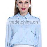 Ladies Mid Long Sleeve Blue Side Slit Cotton Button up Shirt With Pocket Design thumbnail-1