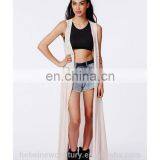 2015 Women Chiffon Cardigan Kimono Fashion New Sleeveless V Neck Elastic Waist Crochet Detail Beige Evening Wedding Sexy Dress thumbnail-1