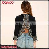 Black Round Neck Long Sleeve Open Back Lace Embroidered Crop Top thumbnail-3