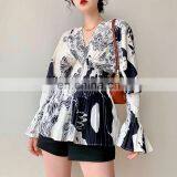 TWOTWINSTYLE Women's Shirts V Neck Flare Long Sleeve Pleated Tunic Large Size Casual Summer Blouses thumbnail-4