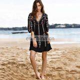 2019 черные летние пляжные покрывала-кафтанчики из хлопка с бохемским вышиванием для женщин. Сексуальные мини-платья-кафтанчики, покрывала для купальников, сарафаны