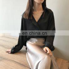 Wholesale Women Business Solid Color Long Sleeve Silk Satin Blouses Tops