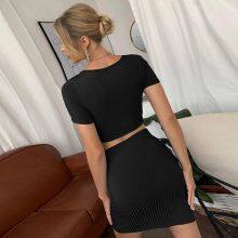 Sexy Hollow Short-sleeved Knitted Dress New Slim Solid Color Package Hip Skirt thumbnail-4