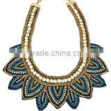 Peacock Blue and Golden Colored Fabric Necklace