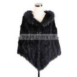 QD0807 Woman Knitted Rabbit Fur Poncho With Raccoon Fur Trim and Bigger Hood thumbnail-1