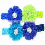 Chiffon Ruffled Pearl Rhinestone Flower on Crochet Headband- 5'' Rhinestone Flower With 15cm Crochet Headband