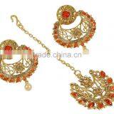 Indisn Gold Plated Crystal Made Dangle & Drop Design Earring With Maang Tikka For Women thumbnail-1