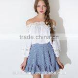 High Waist Summer Girls Blue and White Stripe Ruffle Mini Skirt Models thumbnail-2