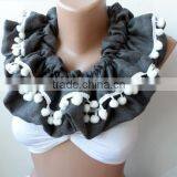 Scarf,Gray Loop Scarf, Ruffle Scarf, Gray Infinity Scarf, Circle, Gray Pashmina,Christmas Scarfs, Pompom Scarf, Fashion,cowl Sca thumbnail-5