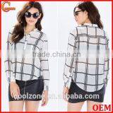 2015 New Design Sheer Chiffon Ladies Blouse Grid Print Blouses Wholesale