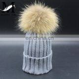 Hot Sell Cute Winter Hats Natural Raccoon Fur Pompom Beanie Cap With Ball Top Knitted Crochet Kid Hat thumbnail-5