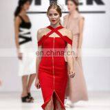 Fashion Women Red Off Shoulder Neck Cross Zip Front Bodycon Bandage Dress thumbnail-1