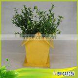 Yellow Wooden Decorative Wheelbarrow Planter For Gardens,House Shape Flower Pot thumbnail-2