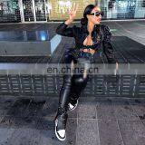 Fashion Sexy Women Casual Outfits Winter Overalls PU Leather Crop Shirt+Split Pant Tracksuit Two Pieces Set thumbnail-3