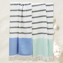 Cotton/polyeater Striped Hammam bath towel with self fringe