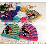 Pom Baggy Knitted Beanie,custom Knitted Cuff Beanie Hat, With Striated and Character ,knit Hat With Ball Top thumbnail-1