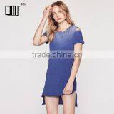 Cotton Slub High Low t Shirt Dress Faded Cold Shoulder Women's Clothes thumbnail-1