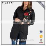 High Fashion Long Sleeve Black Women Cotton Shirt With Embroidery thumbnail-1