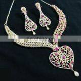 Pink Color Blossomy Heart Gold Plated American Diamond Jewelry Necklace Earrings Set thumbnail-1