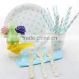 Party Paper Plates, Napkins, Straws, Cups, Wedding Decor Wooden Cutlery Disposable Blue Polka dot Tableware Set