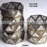 Brass and glass hurricane pillar candle Lantern with triangular patterns and antique silver glass