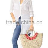 Red and Pink Tassels Pompom Vietnam Water Hyacinth Beach Bag