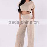 Jump Suit 100 % Polyester Sleeve Crewneck Cropped Length Sweater Knit Top And Wide Leg Pants Women Slim Fit Suits thumbnail-2