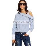Womens Tops Fashion Autumn Ladies Blue Striped Fold Over Asymmetric Shoulder Long Sleeve Contrast Cuff Blouse thumbnail-2