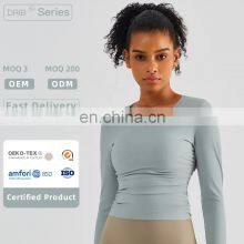 Ribbed Side Folding Yoga Tshirts Women Custom Long Sleeve Outdoor Sports Tops Gym Wear