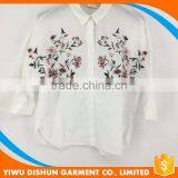 Women Collar Design Flower Embroidered 3/4 Sleeve Washed Shirt thumbnail-1
