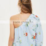 Tie Cuff Modern Lady's One Shoulder Stripe and Floral Poplin Blouse thumbnail-4