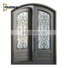Arched Top Wrought Iron French Double Front Entry Door With Sidelights & Transom Exterior Steel Main Entrance Door Grill Design thumbnail-1