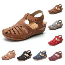 Plus Size Ladies Sandals Round Toe Cutout Wedge Roman Style Sandals for Women thumbnail-2